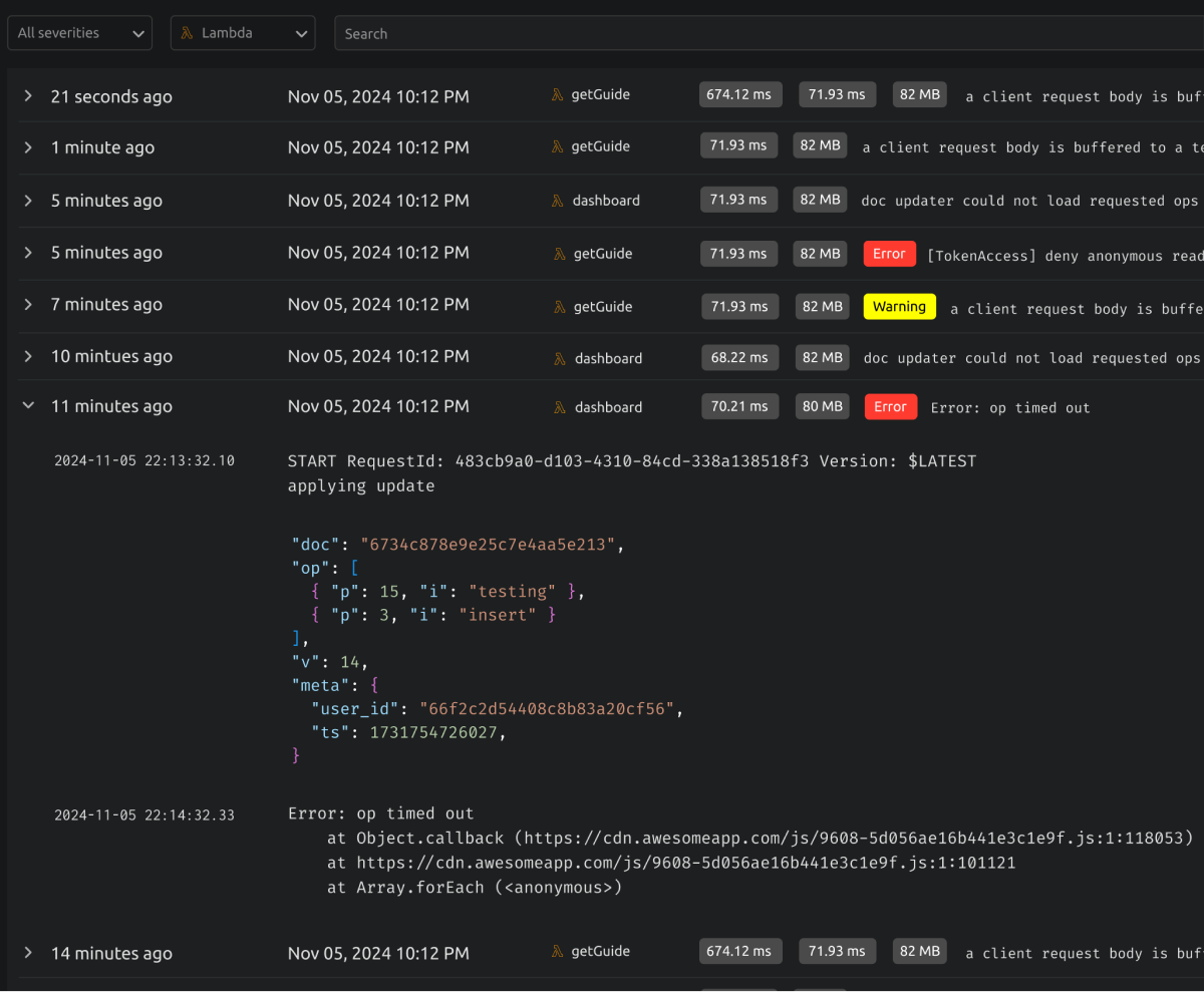 CloudUI Logs Interface showing real-time log entries with timestamps and performance metrics