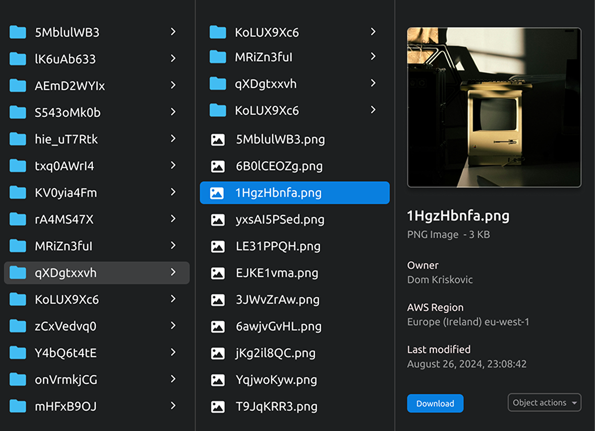 CloudUI S3 Manager showing folder structure, file preview, and metadata panel with region and ownership details